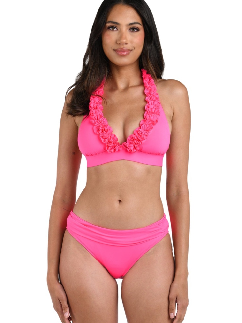 La Blanca Island Goddess Ruffle Banded Halter Top - Bright Pink Size 10